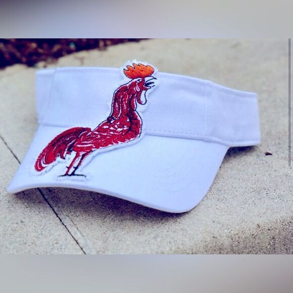 MISS COCKY ROOSTER VISOR. White Visor with Red Rooster Embroidery - Picture 1 of 2